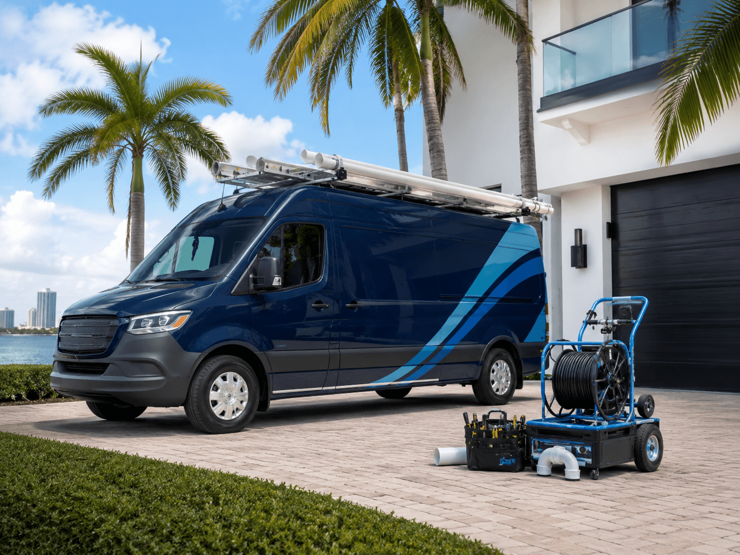 Illustrative photo of a plumbing service van — AI-generated, not the actual Bluewave FS vehicle.