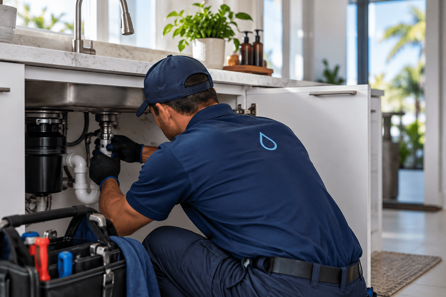 Plumbing professional performing residential plumbing work.